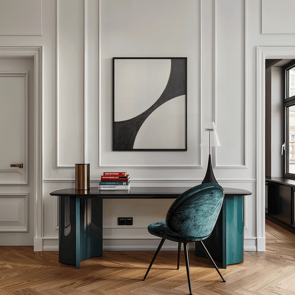 Modern abstract black and white framed wall art above desk in home office – canvas and framed prints shipped free