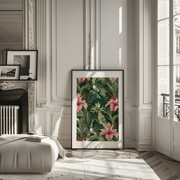 White Lotus-inspired tropical botanical wall art framed in a modern living room