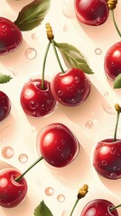 Fresh red cherries with water droplets and green leaves on a creamy background, showcasing their juicy and ripe appearance