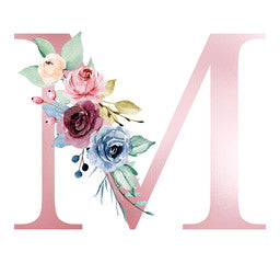 Floral alphabet, letter M with watercolor flowers and leaf. Monogram initials perfectly for wedding invitations, greeting card, logo, poster and other design. Hand painting.