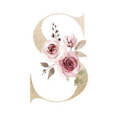 Monogram s, letter with watercolor flowers and leaf. Floral alphabet perfectly for wedding invitations, greeting card, logo, poster and other design. Hand painting.