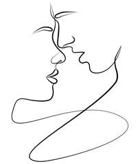 The love of a man and a woman. Two faces in one line. Continuous abstract drawing. A kiss. Portrait.