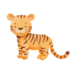 Cute tiger in cartoon style. Watercolor Drawing african baby wild animal isolated on white background. Jungle safari animal