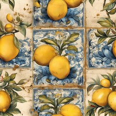 Seamless vintage pattern with lemons. Sicilian vintage style tiles. Bright illustration of lemon branches drawn. Italy summer garden. Design for fabric, tablecloth, paper, print