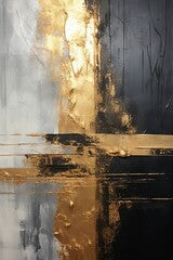 Abstract monochromatic particular glossy gold paint, with a golden proportion and black, white colors. Metallic accents. Great as background, wallpaper. Generative AI, AI