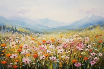 Art oil painting with meadow mountain flowers in spring