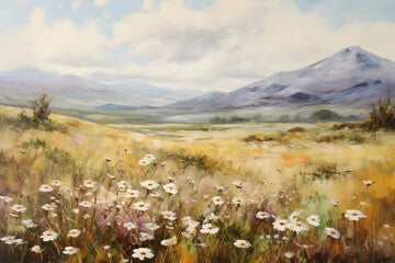 Art oil painting with meadow mountain flowers in spring