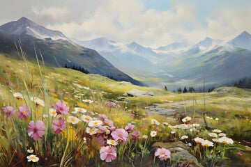 Art oil painting with meadow mountain flowers in spring