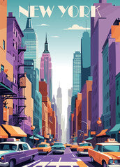 New York Travel Destination Poster in retro style. Urban city street vintage print. Traveling, vacation, holidays concept. Vector art colorful illustration.