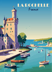 La Rochelle, France Travel Destination Poster in retro style. Vintage colorful landscape print. European summer vacation, holidays concept. Vector art illustration.