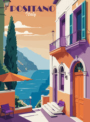 Positano Travel Destination Poster in retro style. Italy landscape digital print. Europe vacation, international holidays, tourism concept. Vintage vector colorful illustration in bright vivid colors.