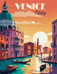 Venice Travel Destination Poster in retro style. Italy landscape digital print. Europe vacation, international holidays, tourism concept. Vintage vector colorful illustration in bright vivid colors.