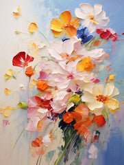 Many beautiful different spring flowers. Oil painting in impressionism style.