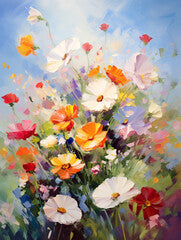 Many beautiful different spring flowers. Oil painting in impressionism style.