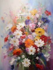 Many beautiful different spring flowers. Oil painting in impressionism style.