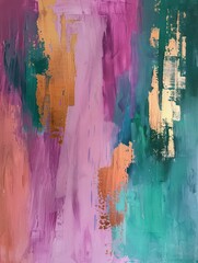 abstract oil painting, springtime concept, thick paint texture, pink, teal, copper, gold