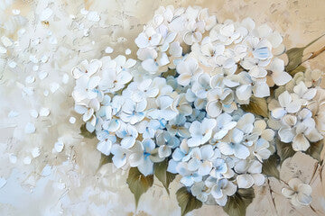 Oil painting with white hydrangea flowers on beige background.