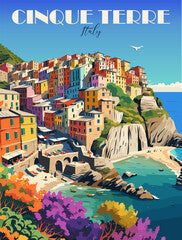 Cinque Terre, Italy Travel Destination Poster in retro style. Colorful painting of a town in Italy with a blue ocean in the background. European summer vacation, holidays concept. Vector illustration.