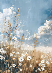 oil painting of white wildflowers on blue background in the spring