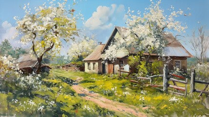 Spring in the old village. Spring in the country. Fine art. Oil painting. Still life painting by oil. Rural landscape. Harsh strokes picture. Impressionism or realism.