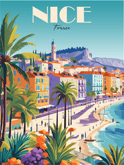 Nice, France Travel Destination Poster in retro style. French Riviera vintage colorful print. European summer vacation, holidays concept. Vector art illustration.