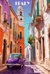 Italy Travel Destination Poster in retro style. Old city street with vintage car digital print. European summer vacation, holidays concept. Vintage vector colorful illustration.