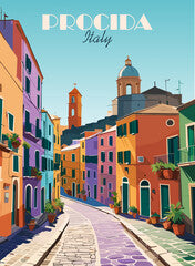 Italy Travel Destination Poster in retro style. Old city street landscape digital print. European summer vacation, holidays concept. Vintage vector colorful illustration.