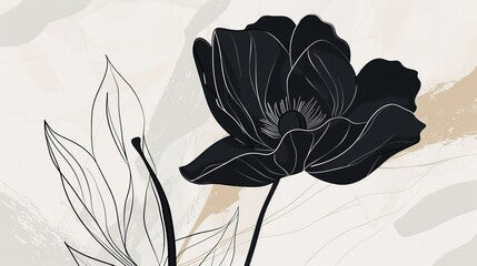 Line art illustration of a black flower against a light gray background with beige and white figures, 16:9