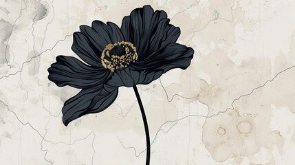 Line art illustration of a black flower against a light gray background with beige and white figures, 16:9