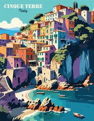 Cinque Terre, Italy Travel Destination Poster in retro style. Sea beach digital print. European summer vacation, holidays concept. Vintage vector colorful illustrations.