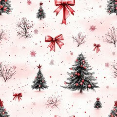 Christmas pattern with trees, bows, baubles, and snowflakes on a pink background, creating a festive and cheerful holiday atmosphere.