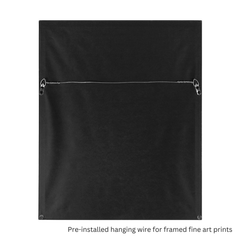 Black framed art print with pre-installed hanging wire on a white background