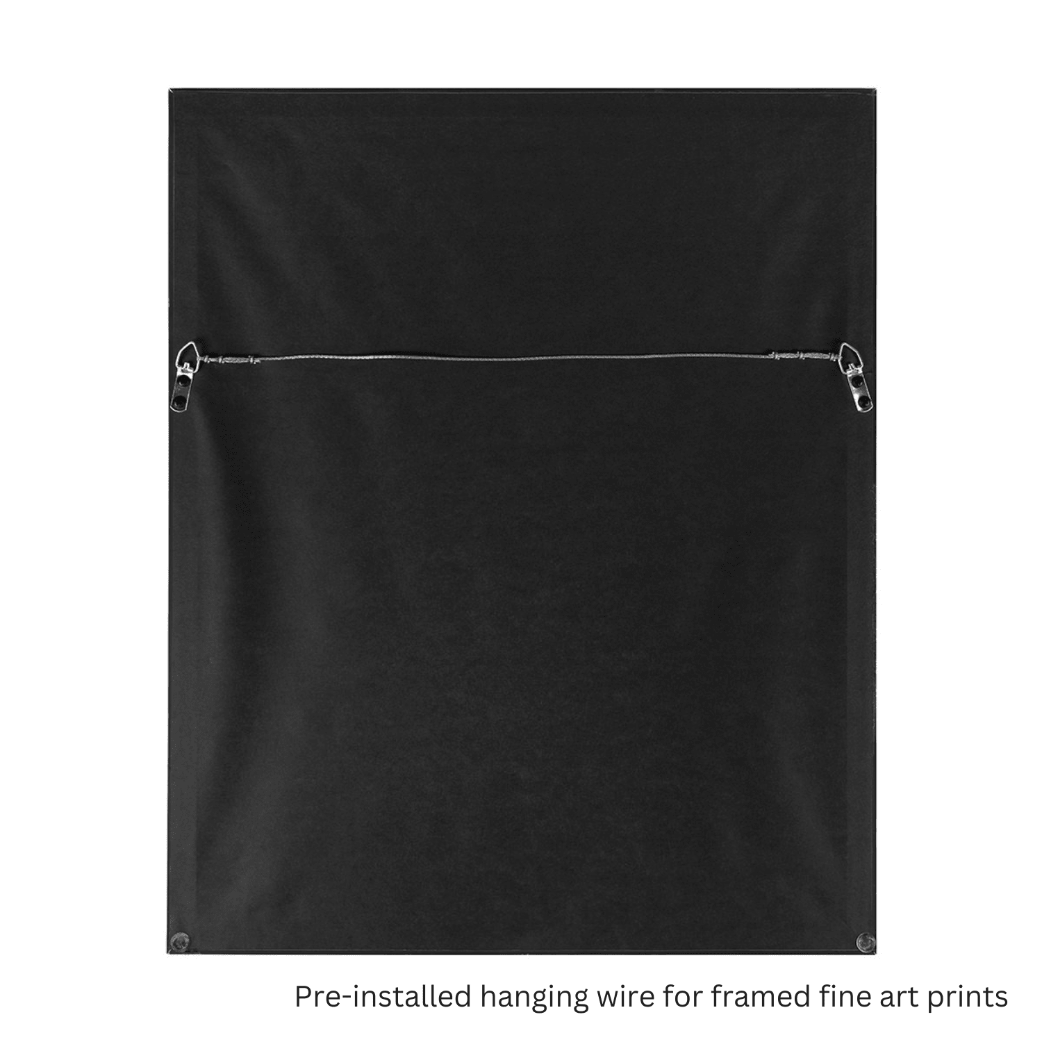 Black framed art print with pre-installed hanging wire on a white background