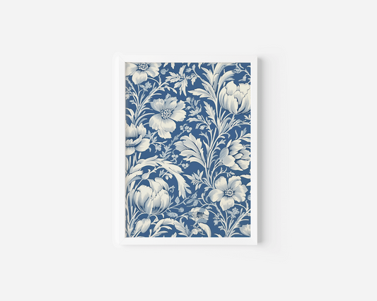 Floral-patterned chinoiserie wall art with blue and white design on a light gray background