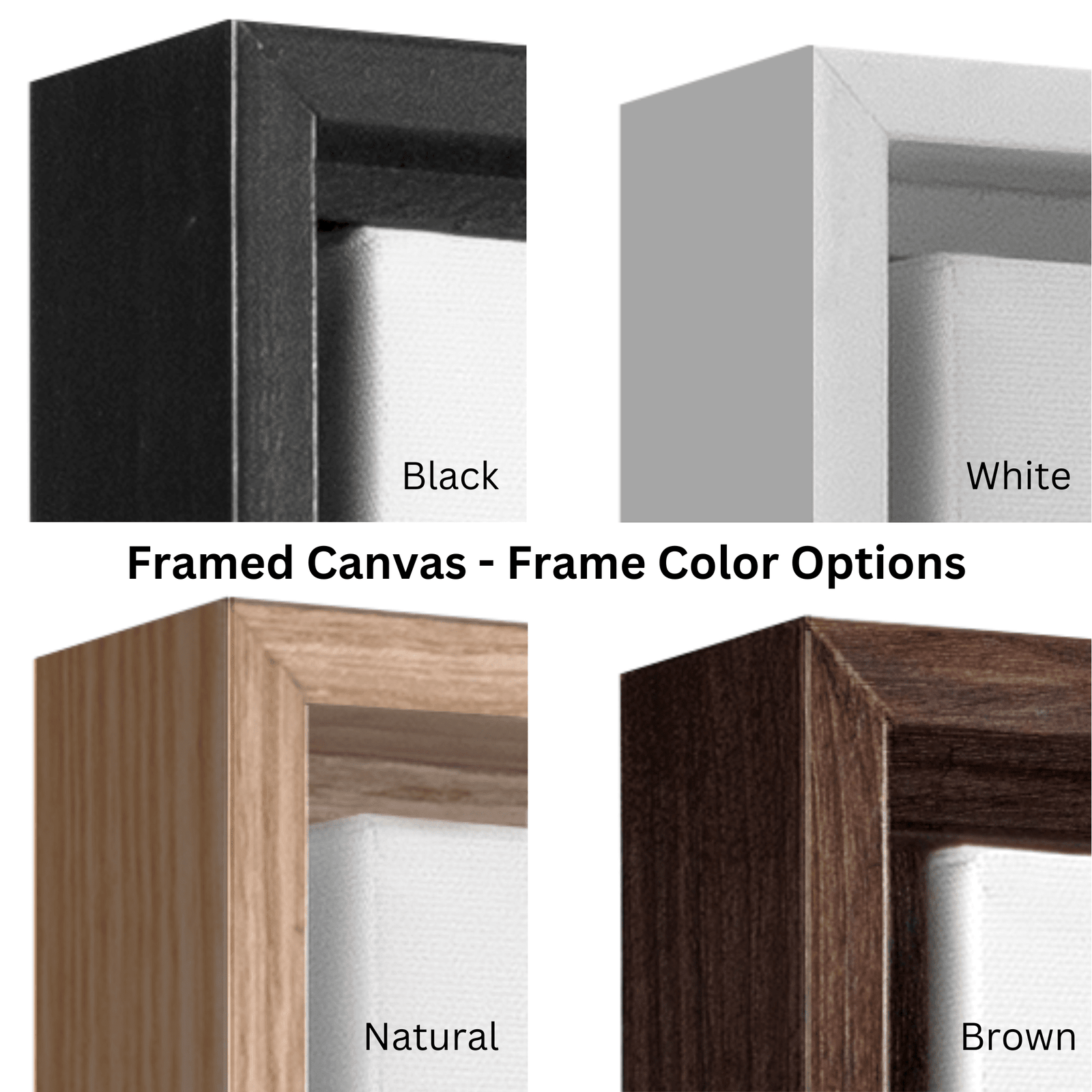 Framed canvas options with black, white, natural, and brown frames.
