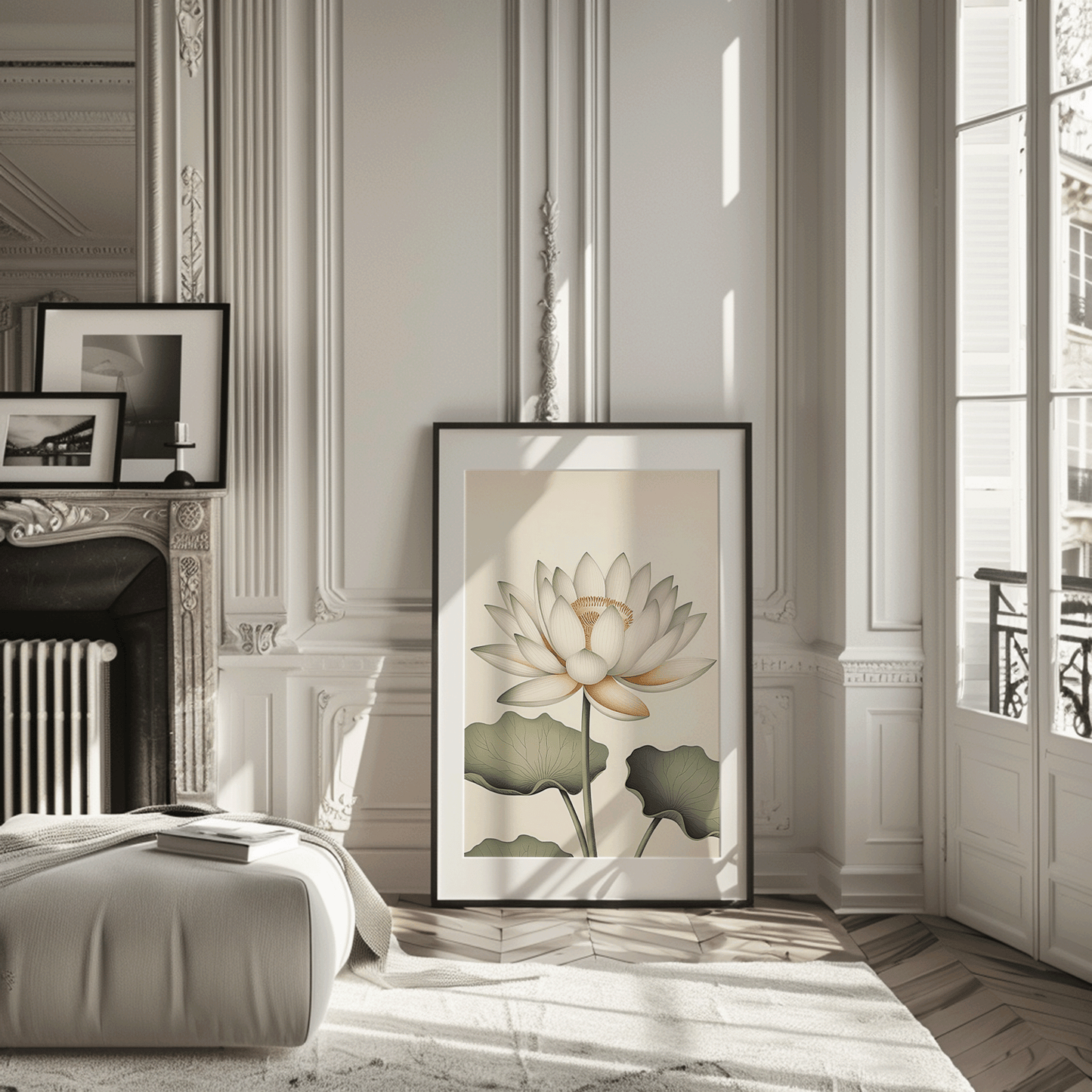 Elegant framed white lotus flower wall art and black frameleaning against a paneled wall beside a decorative fireplace in a modern living room