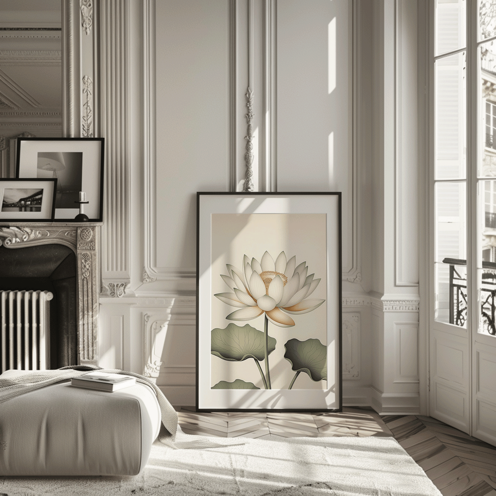 Elegant framed white lotus flower wall art and black frameleaning against a paneled wall beside a decorative fireplace in a modern living room