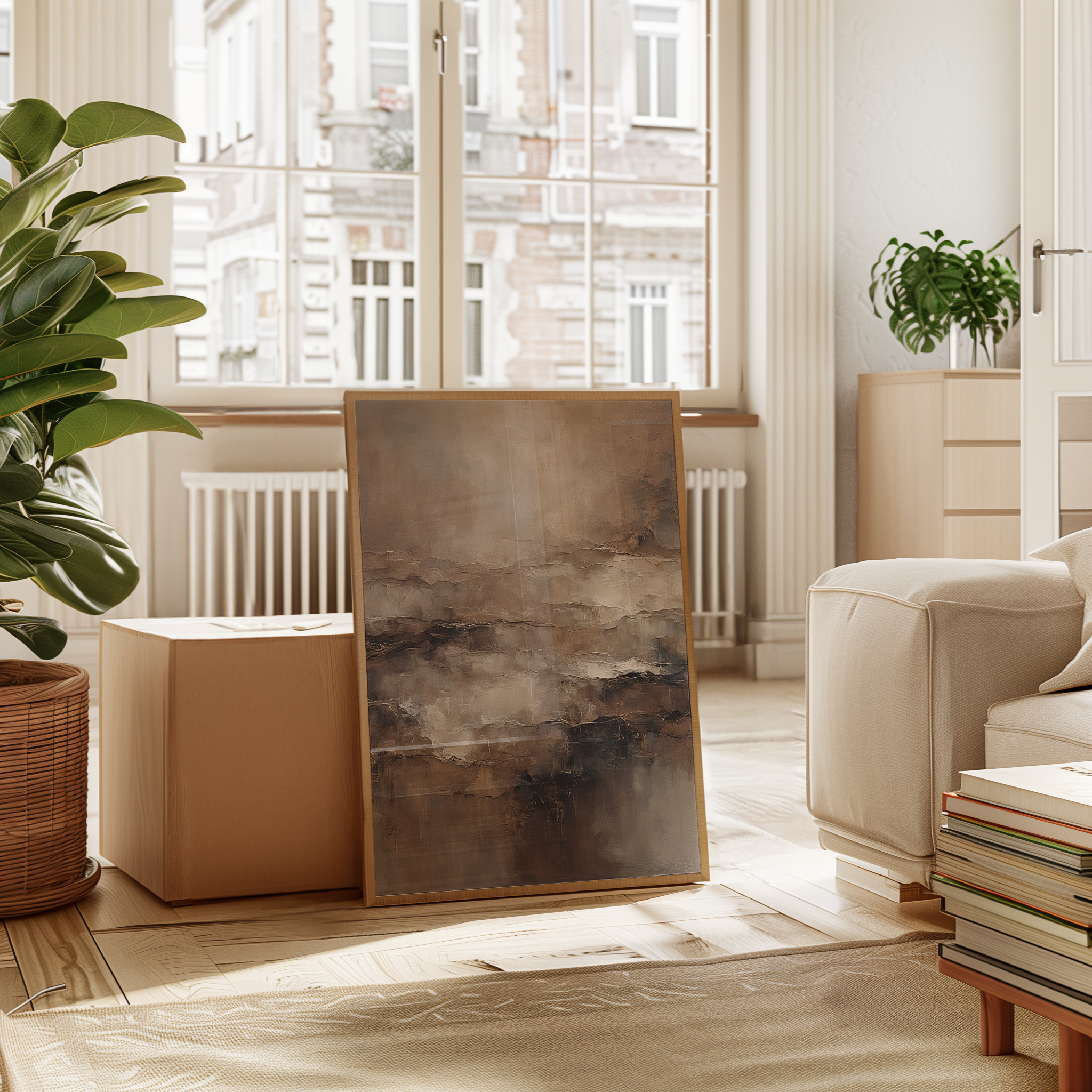 Moody abstract canvas wall art in warm beige and brown tones leaning on the floor beside a sofa and window in a modern living room