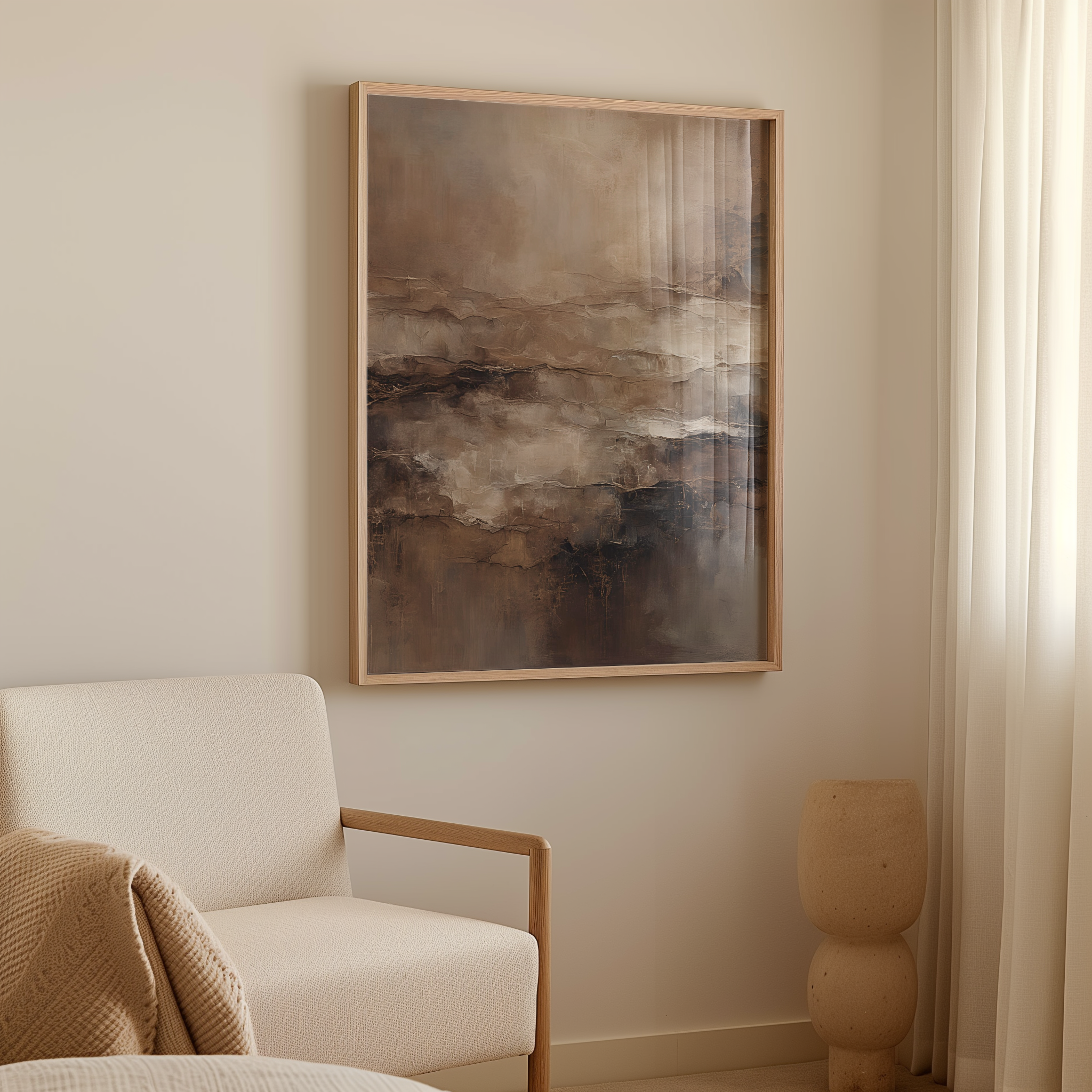 Framed moody abstract wall art in beige and brown tones hanging above a neutral accent chair in a cozy living room corner
