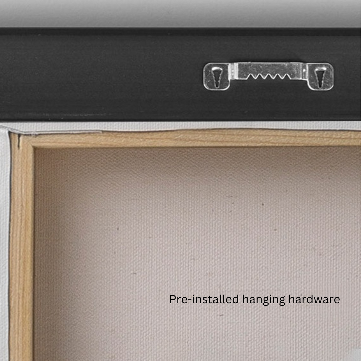 Pre-installed hanging sawtooth hardware on the back of a framed canvas wall art