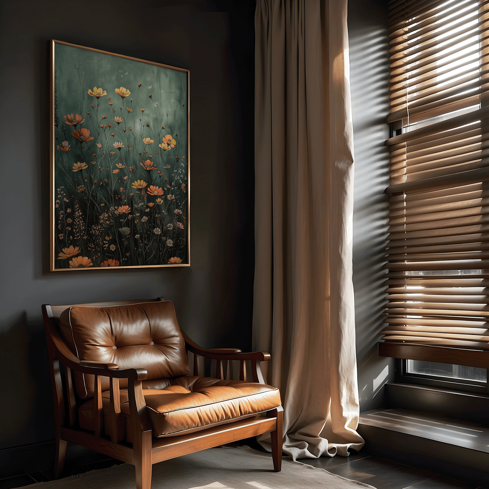 vintage-inspired wildflower field wall art in a moody, dark, modern home office featuring teal accents, wood floors, and natural lighting for a cozy botanical touch