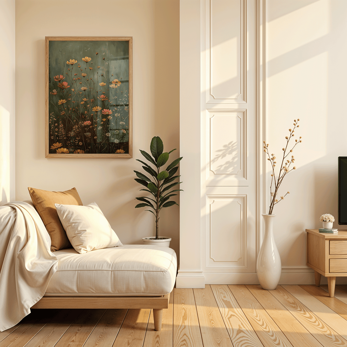 framed wildflower field wall art in a minimalist neutral living room with warm morning sunlight, beige tones, and wooden floor accents