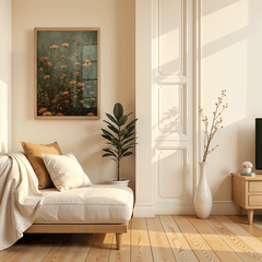 framed wildflower field wall art in a minimalist neutral living room with warm morning sunlight, beige tones, and wooden floor accents