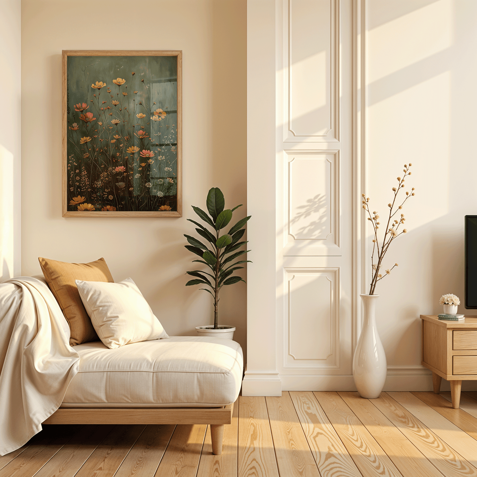 framed wildflower field wall art in a minimalist neutral living room with warm morning sunlight, beige tones, and wooden floor accents