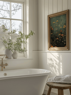 vintage botanical wildflower wall art with gold frame styled above a freestanding bathtub and brass faucet in a serene light-filled bathroom