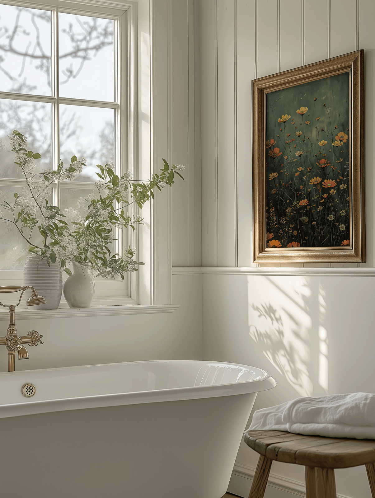 vintage botanical wildflower wall art with gold frame styled above a freestanding bathtub and brass faucet in a serene light-filled bathroom