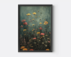 moody wildflower field art with a black frame against a white background highlighting golden yellow, coral, and soft pink meadow flowers on dark green tones