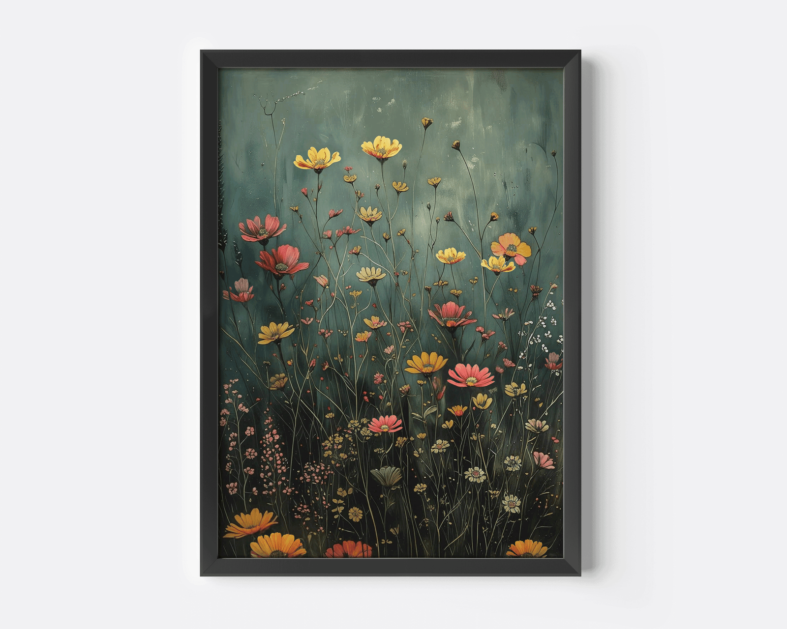 moody wildflower field art with a black frame against a white background highlighting golden yellow, coral, and soft pink meadow flowers on dark green tones