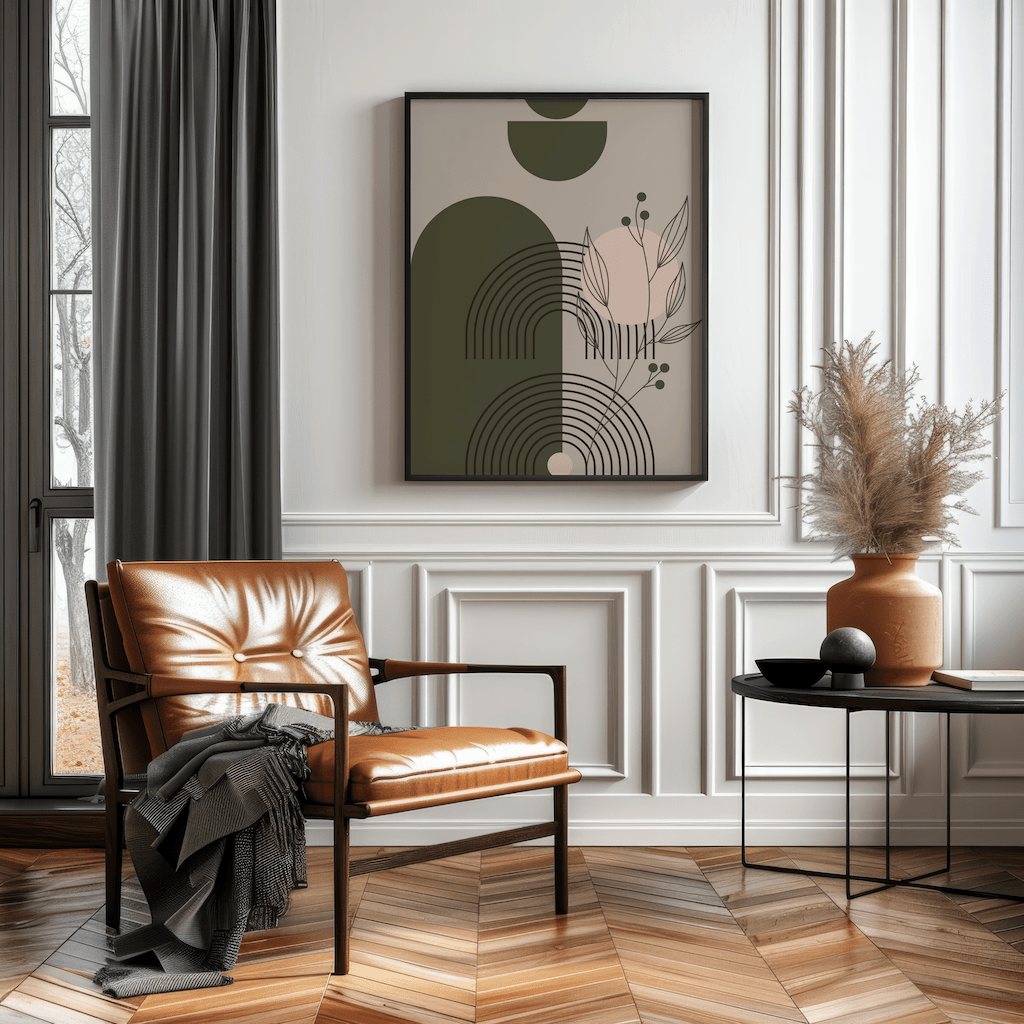 Abstract arch and botanical wall art in a black frame above a tan leather accent chair with pampas grass