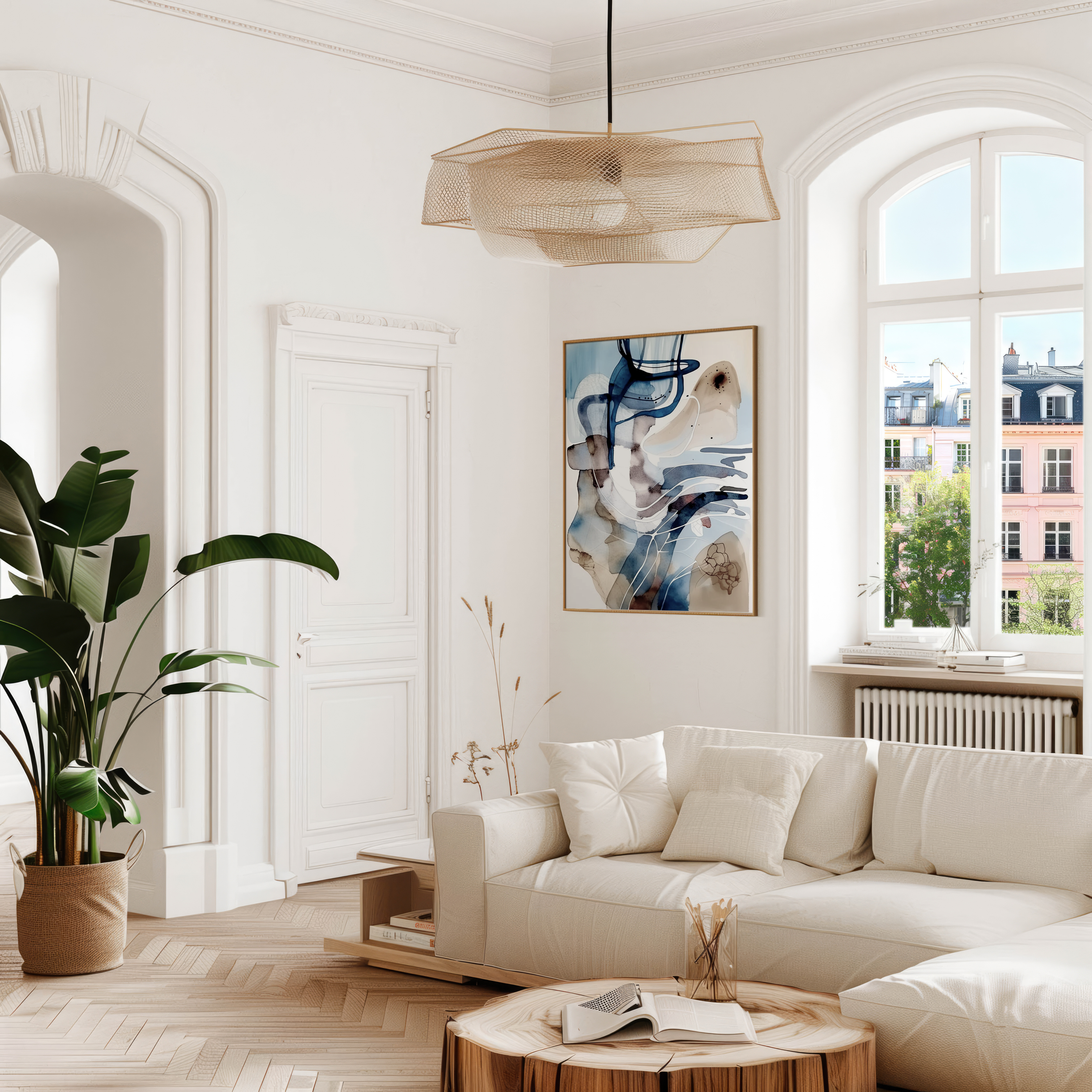 Blue and white abstract wall art framed and styled in a bright modern living room